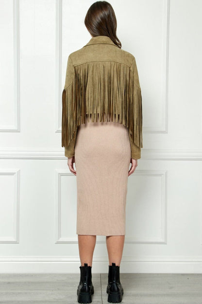 Veveret Suede Fringe Long Sleeve Moto Jacket.