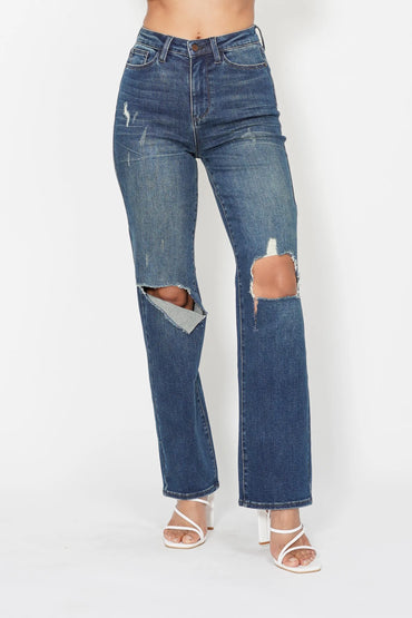 Judy Blue Plus Size High Waisted Ripped Knee Dad Jeans - Love Salve 