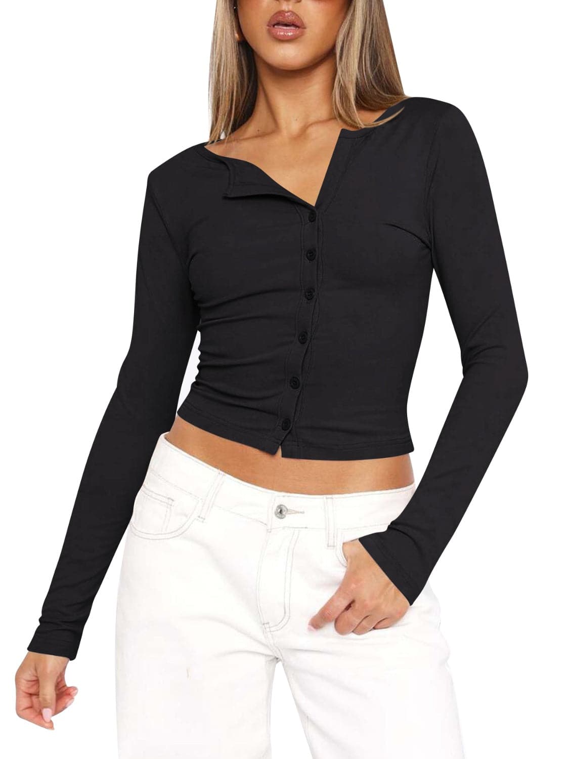 Button Up Round Neck Long Sleeve T-Shirt.