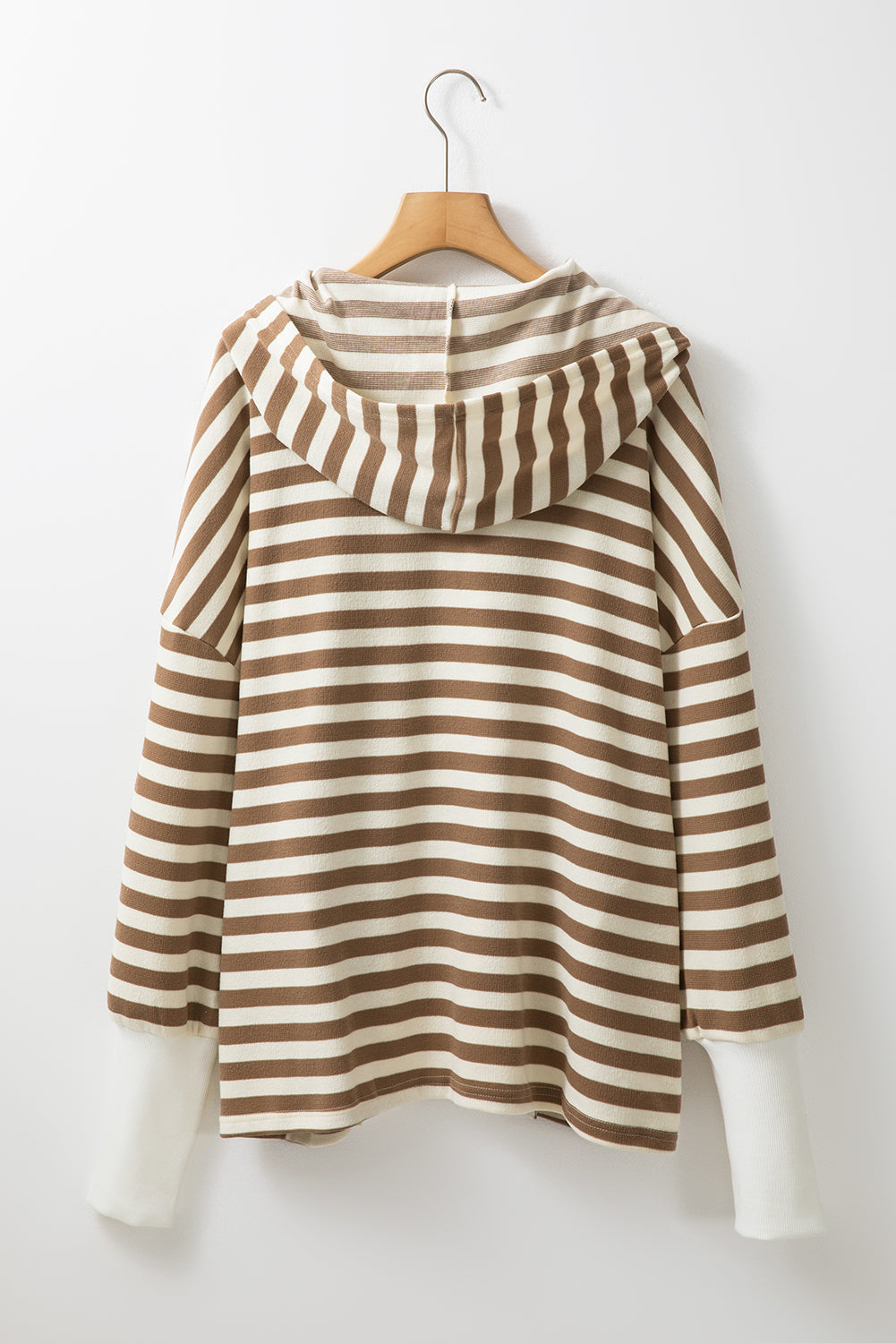 Chic brown striped plus size hoodie with quarter buttons and drop sleeves