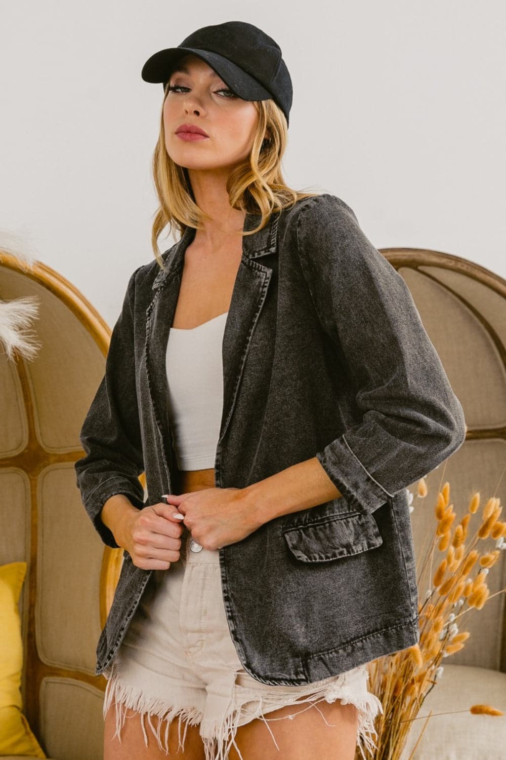 BiBi Single Breasted Washed Denim Blazer.