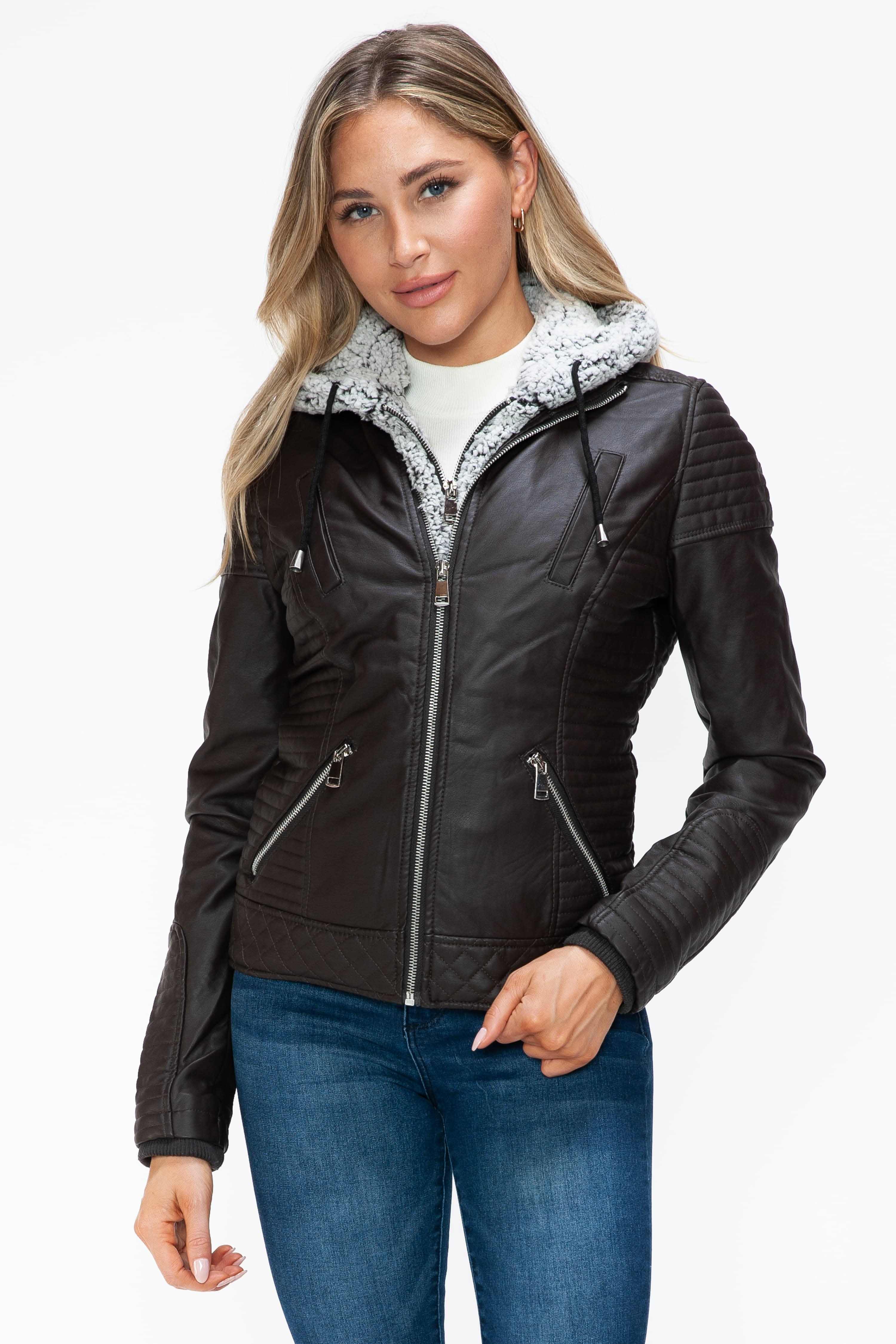 YMI Faux Layered Double-Zipper Jacket with Fuzzy Hood, stylish pleather outerwear.