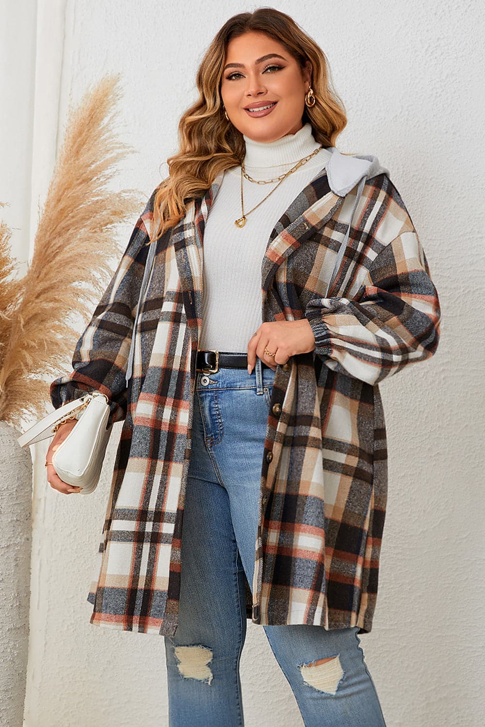 Plus Size Plaid Drop Shoulder Hooded Coat.