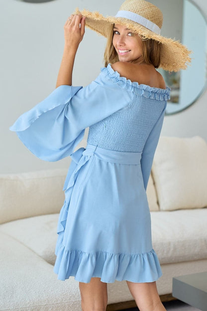 BiBi Smocked Ruffled Front Tie Mini Dress.