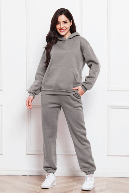 Drop Shoulder Long Sleeve Hoodie and Pants Set.