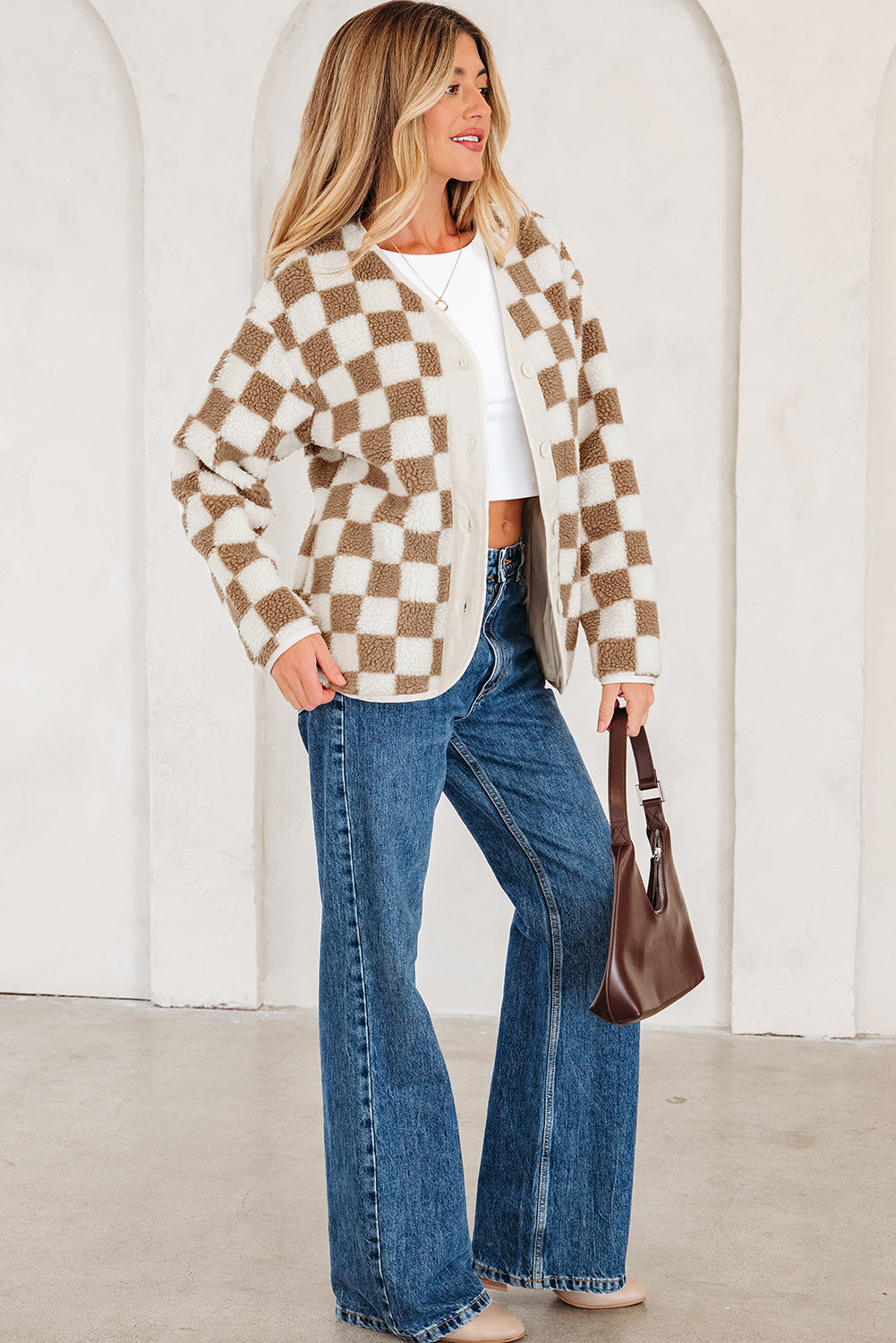 Brown Checkered Sherpa Buttoned Front Chunky Jacket Dear-Lover Dropshipping