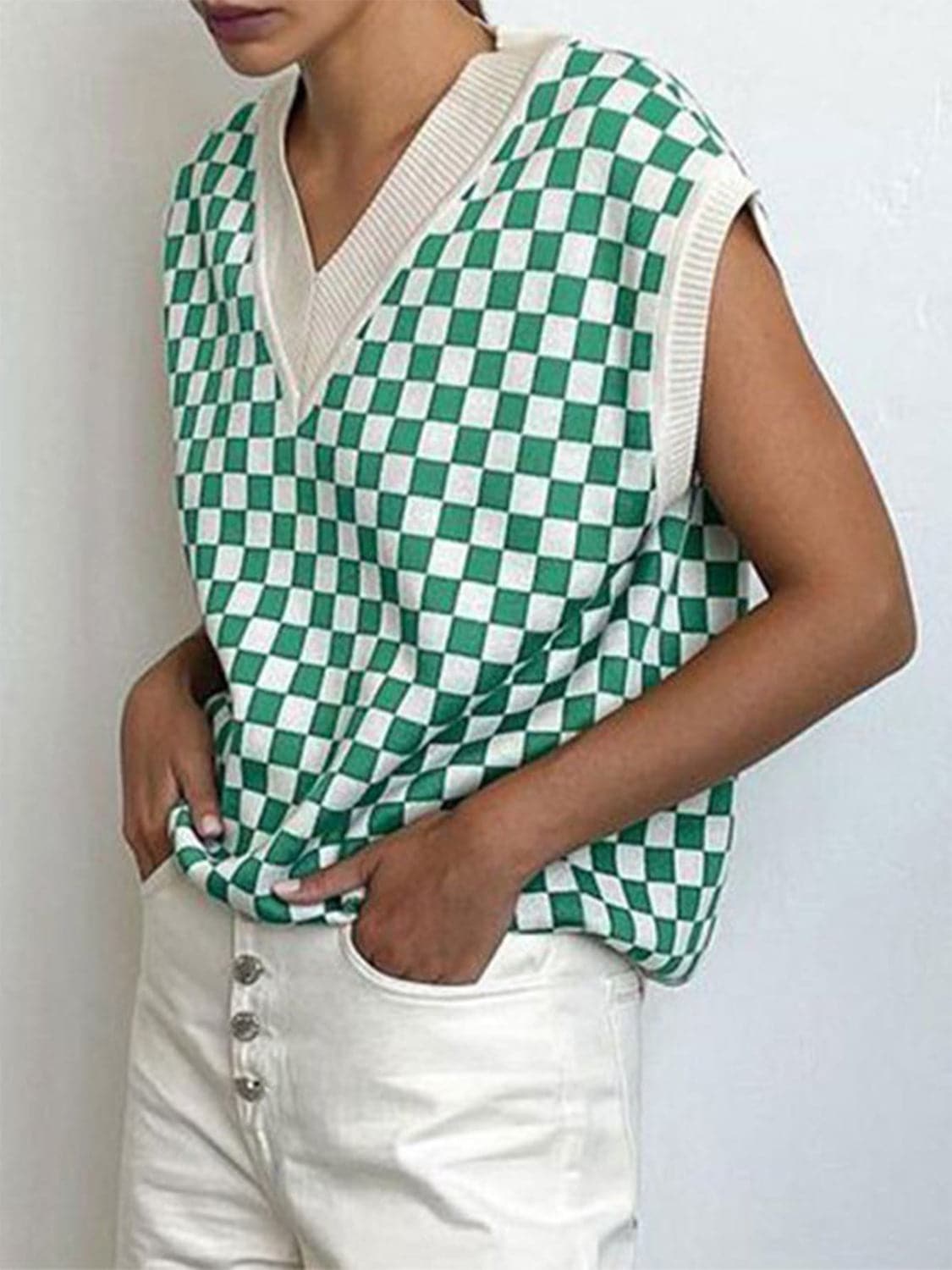 Full Size Checkered V-Neck Cap Sleeve Sweater.