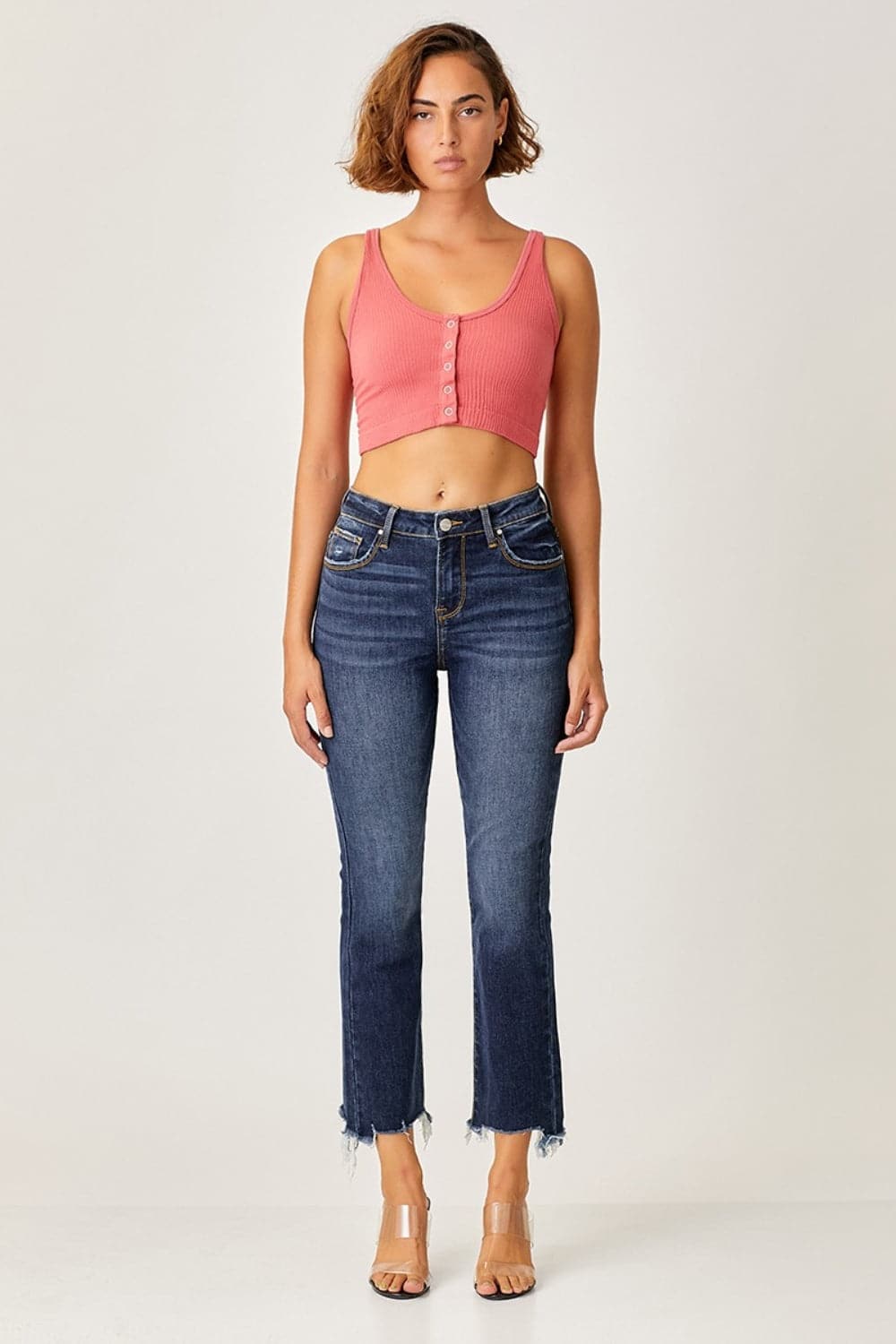 Risen Full Size Frayed Hem Cropped Straight Jeans.