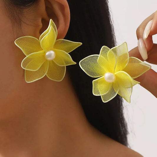 Yellow Flower Pearl Stud Earrings With Mesh Petal Design Simply Love