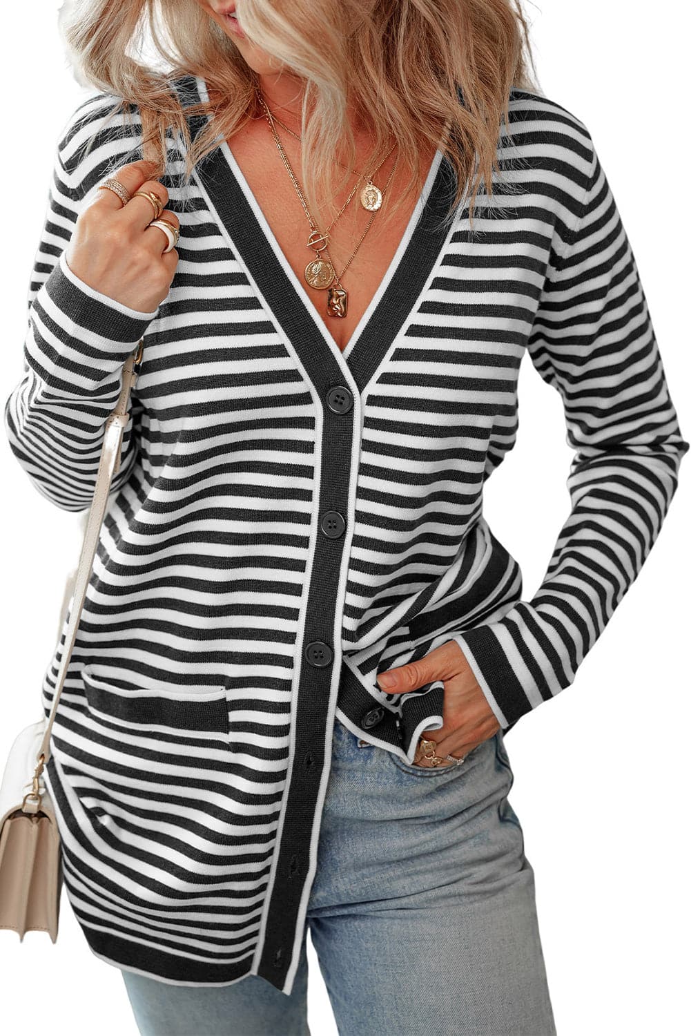 Striped Open Front Long Sleeve Cardigan.