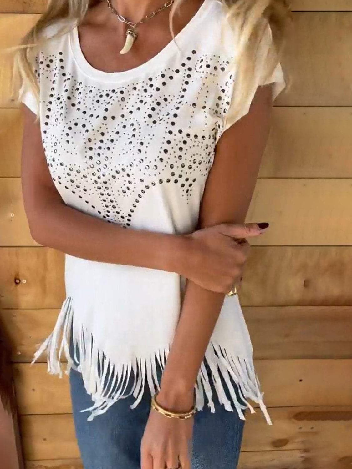 Studded Fringe Round Neck Cap Sleeve T-Shirt.