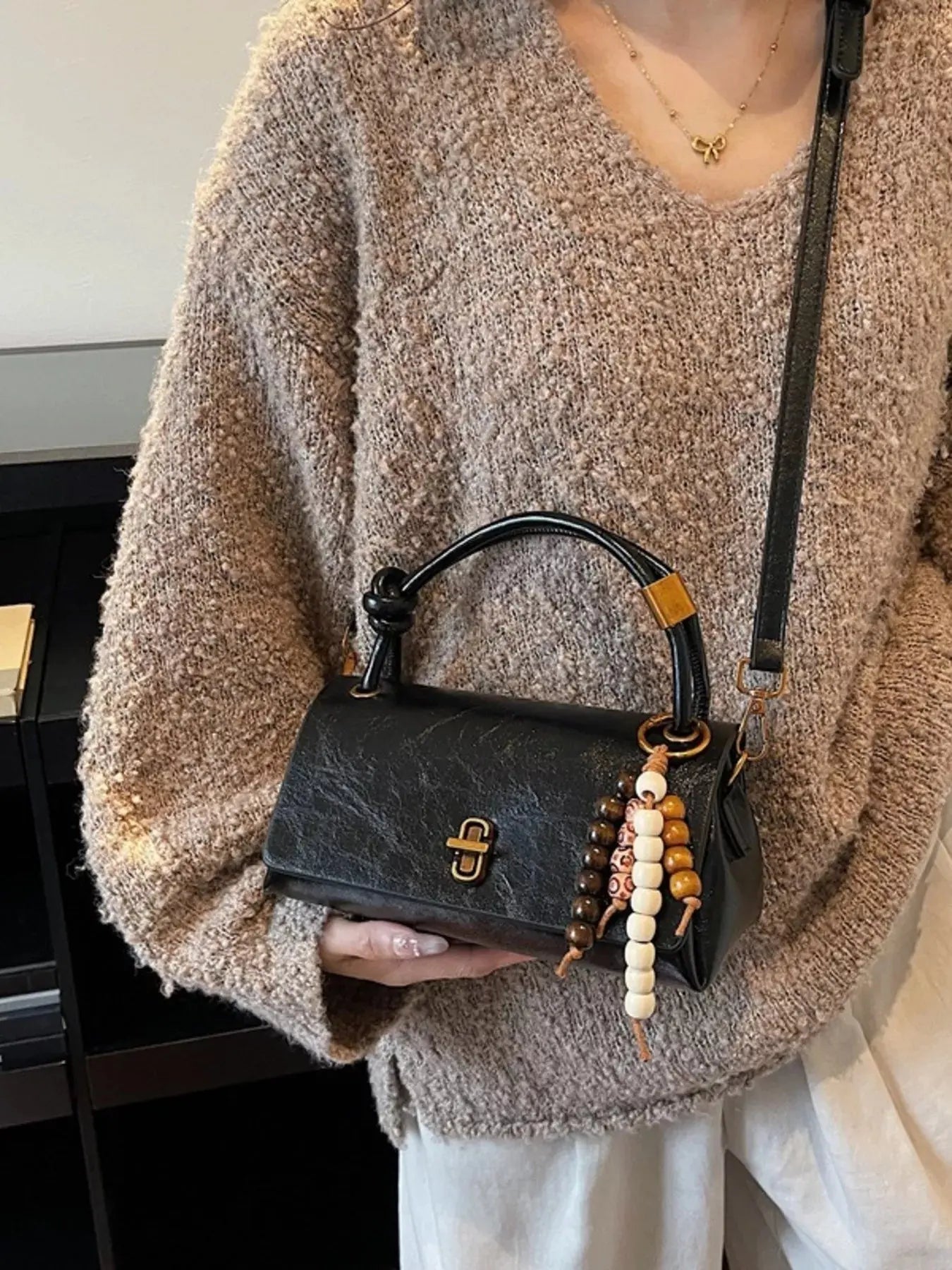 Leather Crossbody Bag with Bead Charm Simply Love