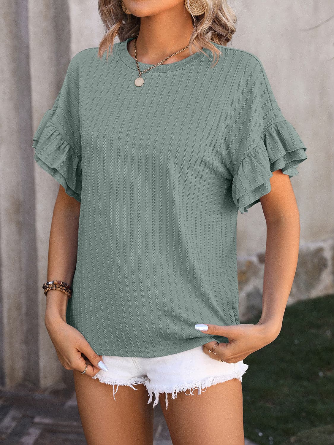 Ruffled Round Neck Short Sleeve Top.