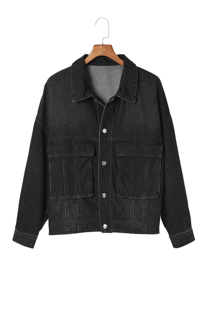 Button Up Dropped Shoulder Denim Jacket with Pockets.