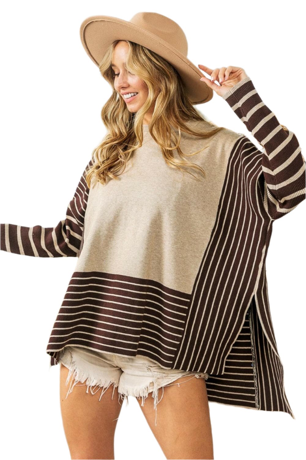 BiBi Striped Contrast Long Sleeve Slit Top with playful striped design and side slits, worn by model with hat.