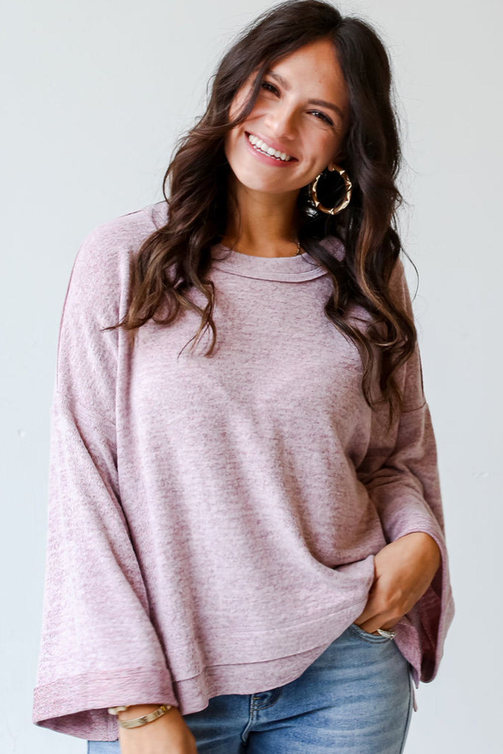 Chic orchid petal drop shoulder long sleeve tee with exposed seams