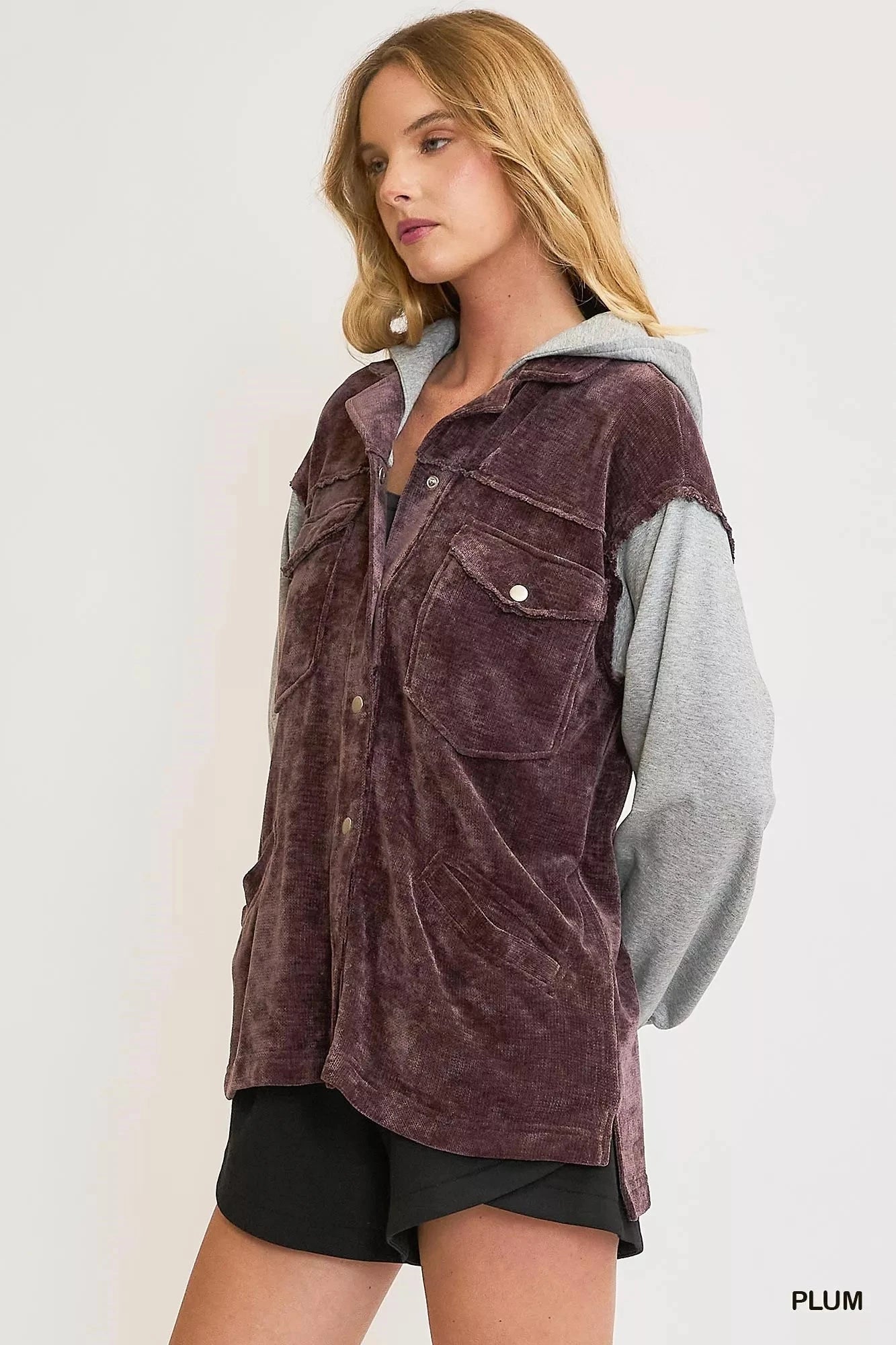 Umgee Contrast Hooded Chenille Jacket With Double Pockets Simply Love