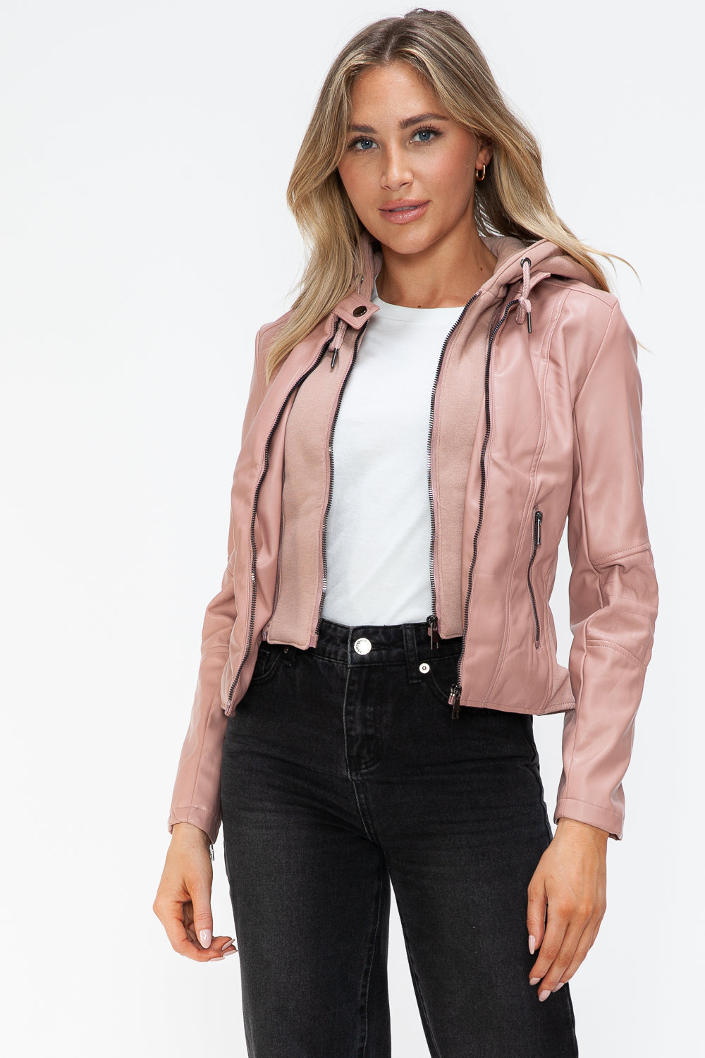 Snobbish Faux Leather Zip Up Drawstring Hooded Jacket Coco’s Tee Boutique