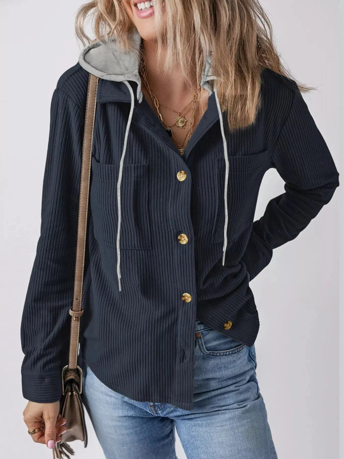 Hooded Corduroy Button-Down Jacket Simply Love