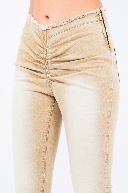 Chic V-cut ruched mid flare pants for a modern look