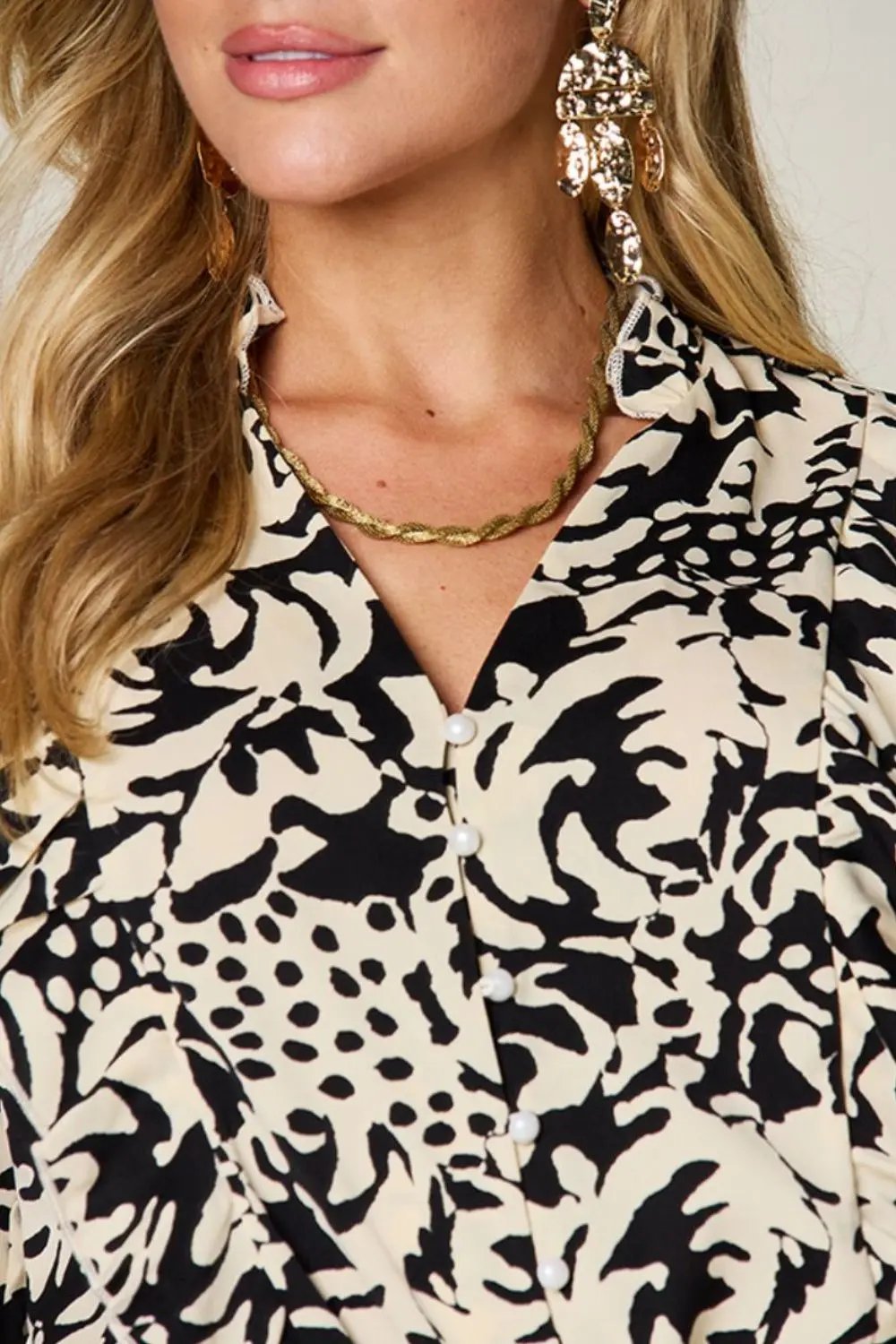 Double Take Full Size Printed Ruffle Trim Balloon Sleeve Shirt - Love Salve