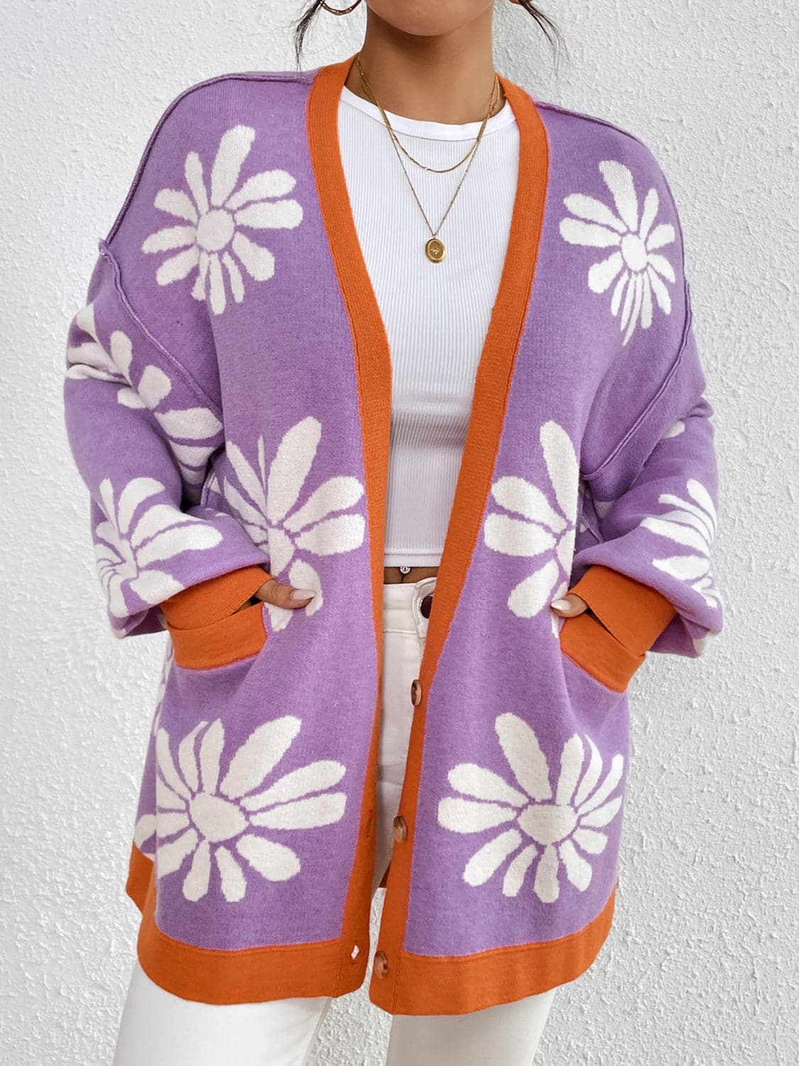 Contrast Dropped Shoulder Long Sleeve Cardigan.