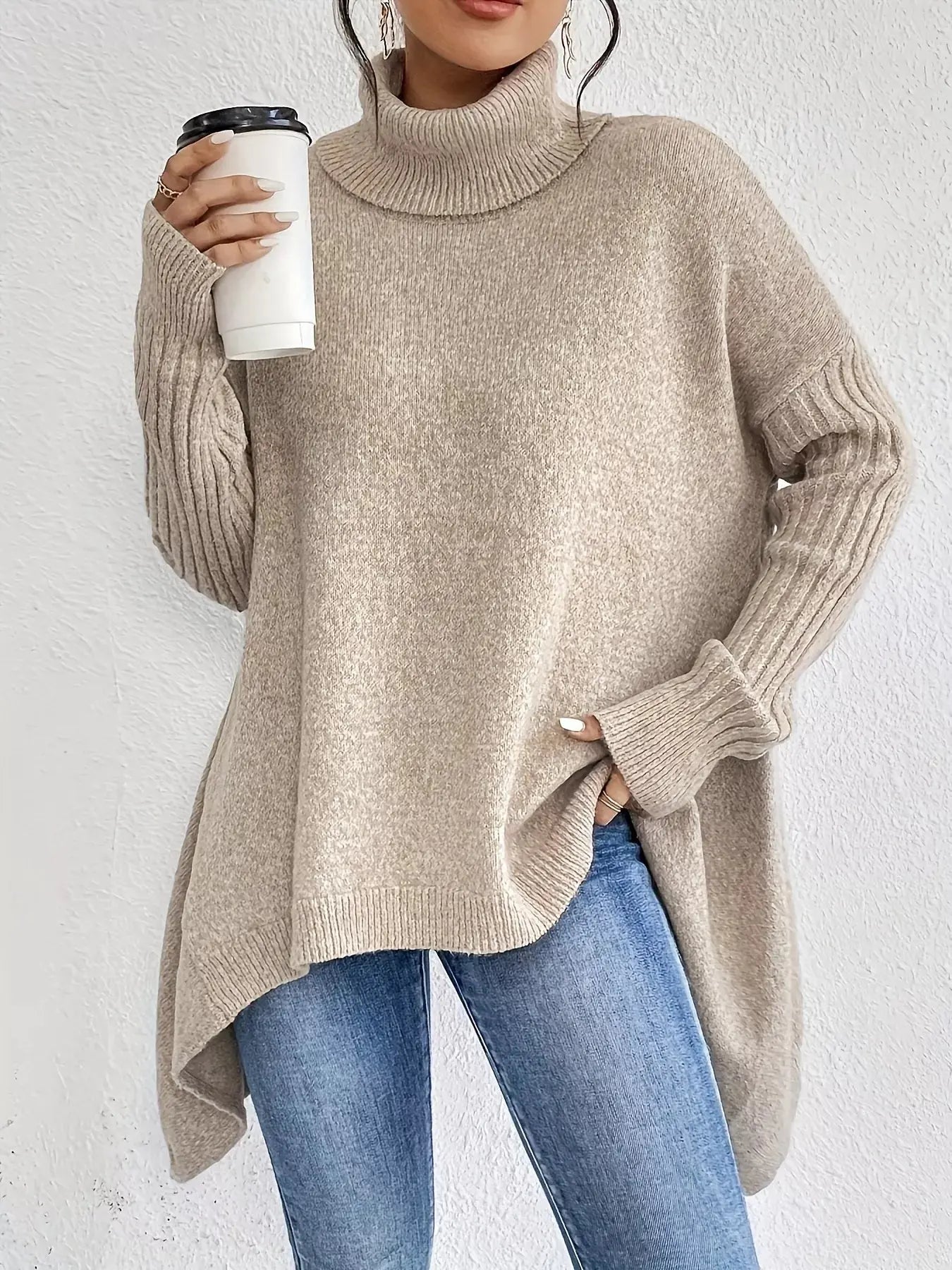 Turtleneck High-Low Hem Sweater Simply Love