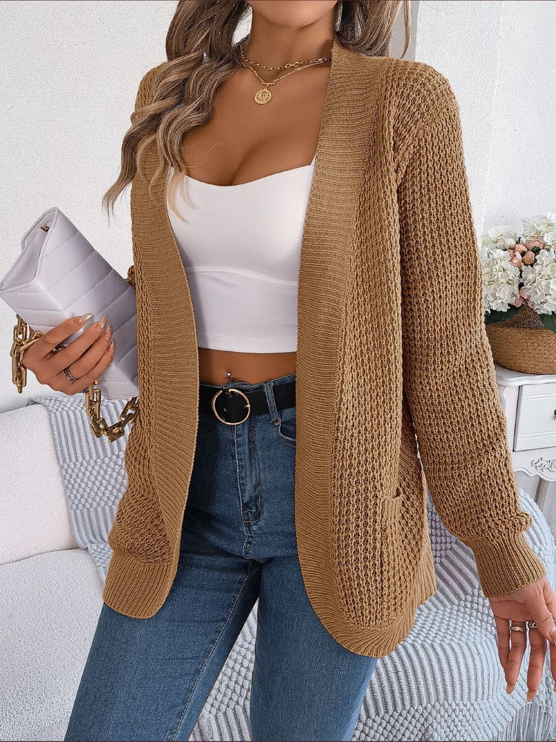 Open Front Long Sleeve Cardigan with Pockets.