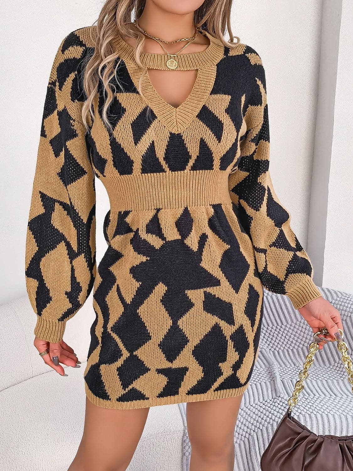 Contrast Round Neck Cutout Long Sleeve Mini Sweater Dress.