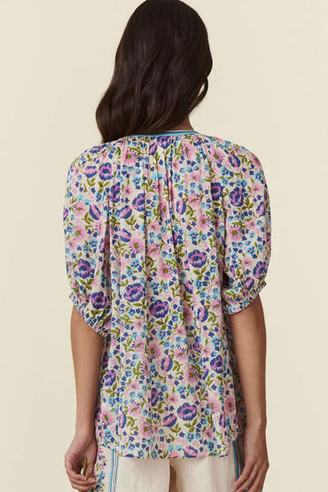 Vibrant Bohemian Floral V-Neck Half Sleeve Blouse in Multi-Color