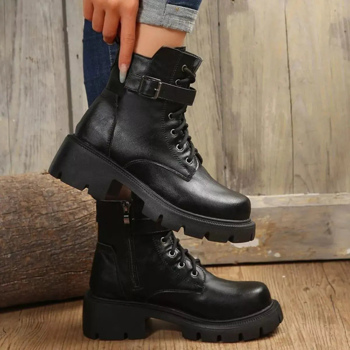 Lace-Up Buckle Accent Block Heel Boots Simply Love