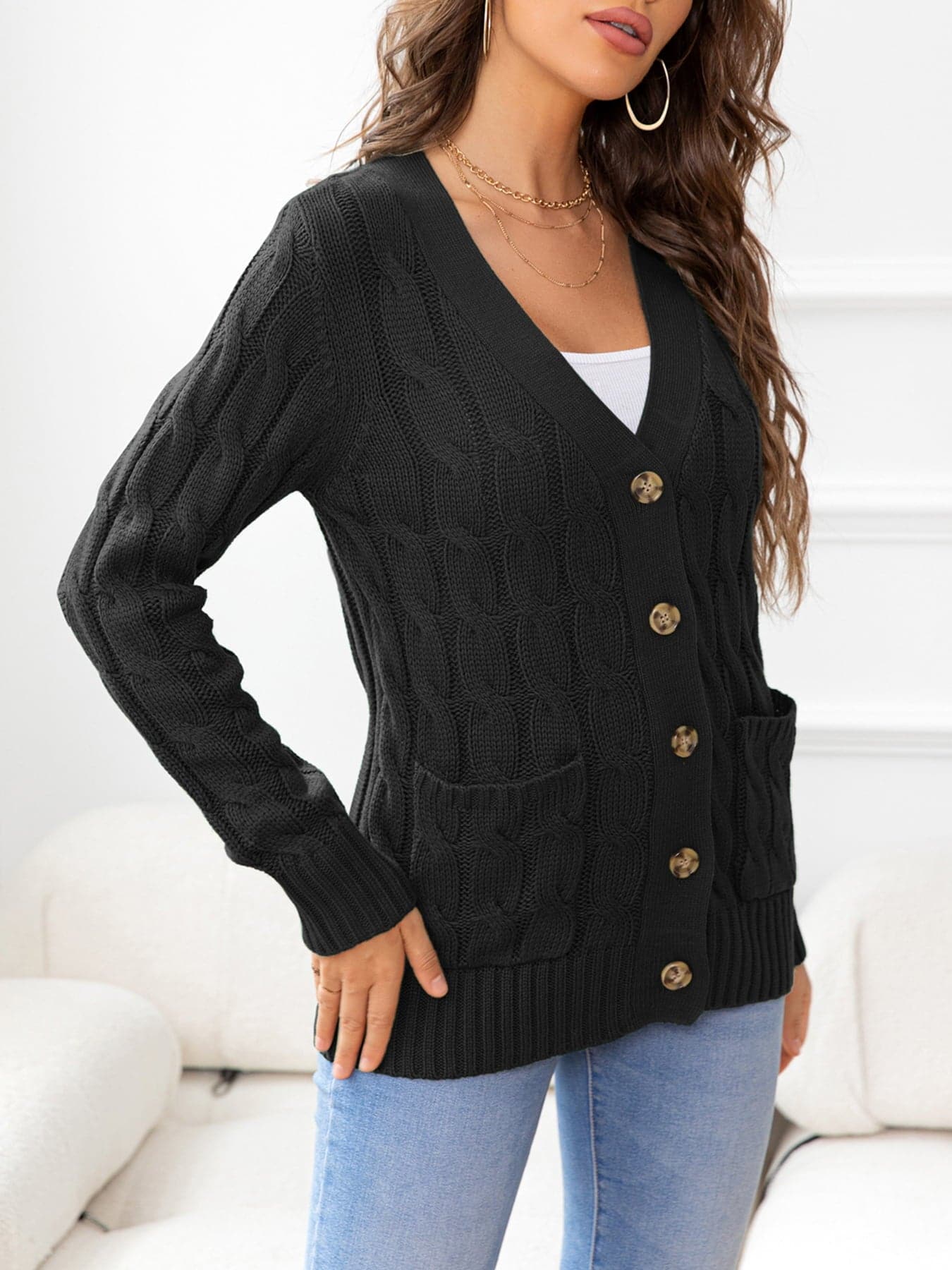 Button Down Cable-Knit Cardigan.