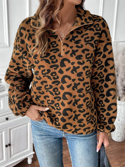 Leopard print zip-up long sleeve sweatshirt