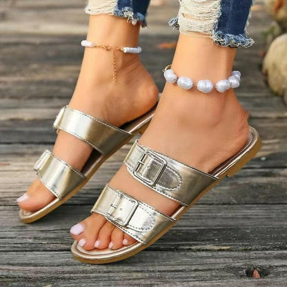 Open Toe Double Buckle Sandals.