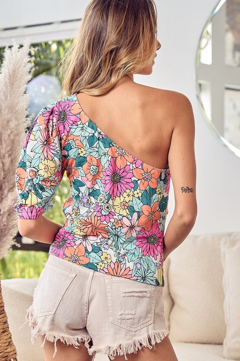 BiBi Floral Puff Sleeve One Shoulder Top.