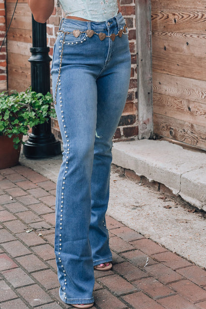 Dusk Blue Pearl-Studded Boot Cut Jeans for Effortless Style