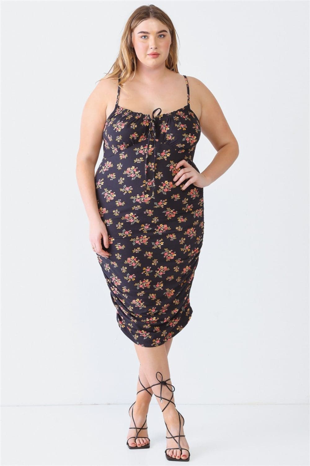 Blue Leopard Plus Size Ruched Floral Square Neck Cami Dress.