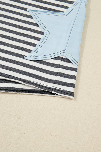Gray Stripe Star Contrast Stitched Plus Size Long Sleeve Top