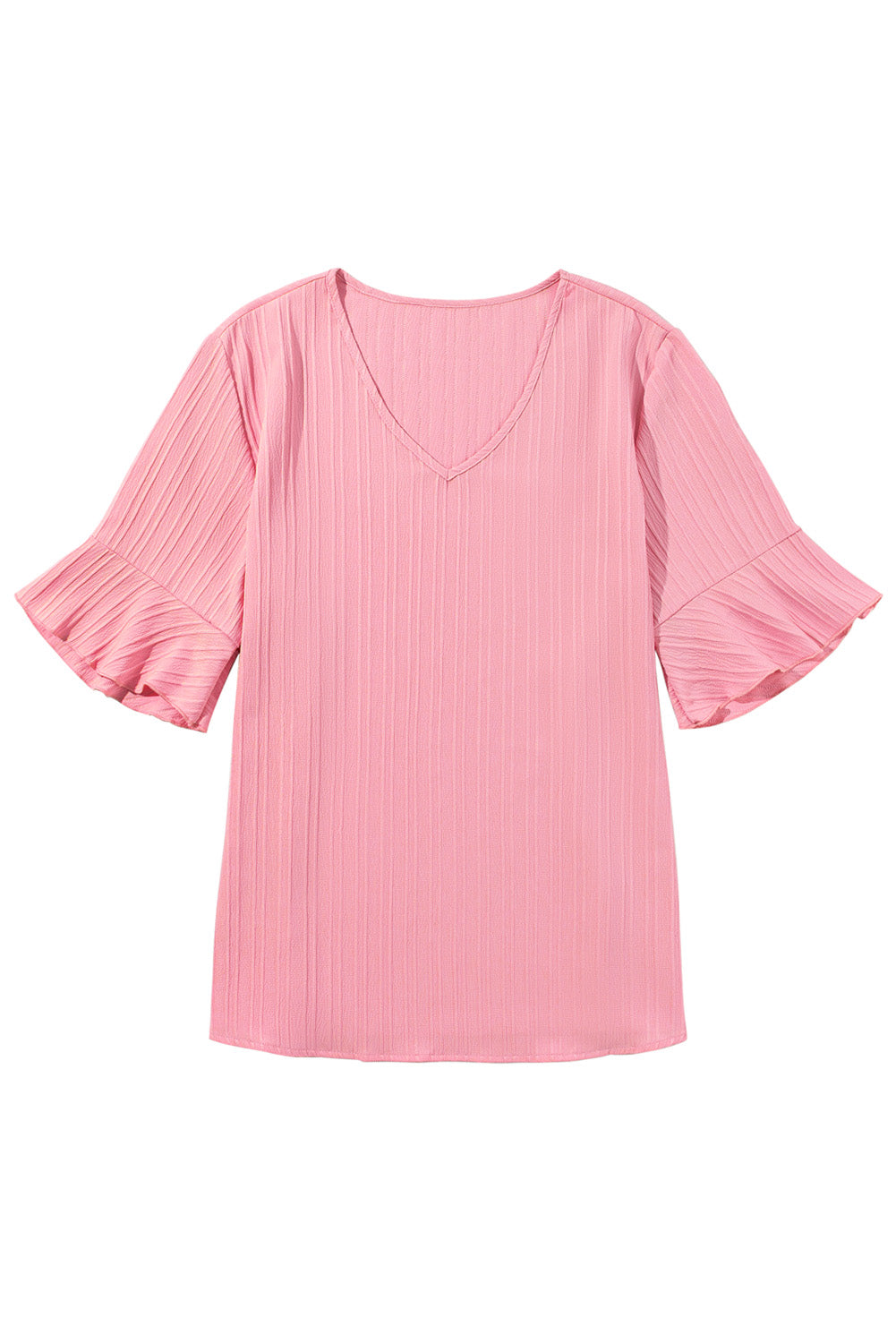 Peach blossom textured plus top with ruffled sleeves and V-neck