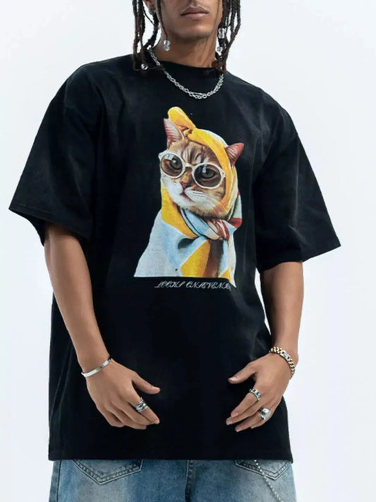 Men's Cat Graphic Round Neck T-Shirt Simply Love