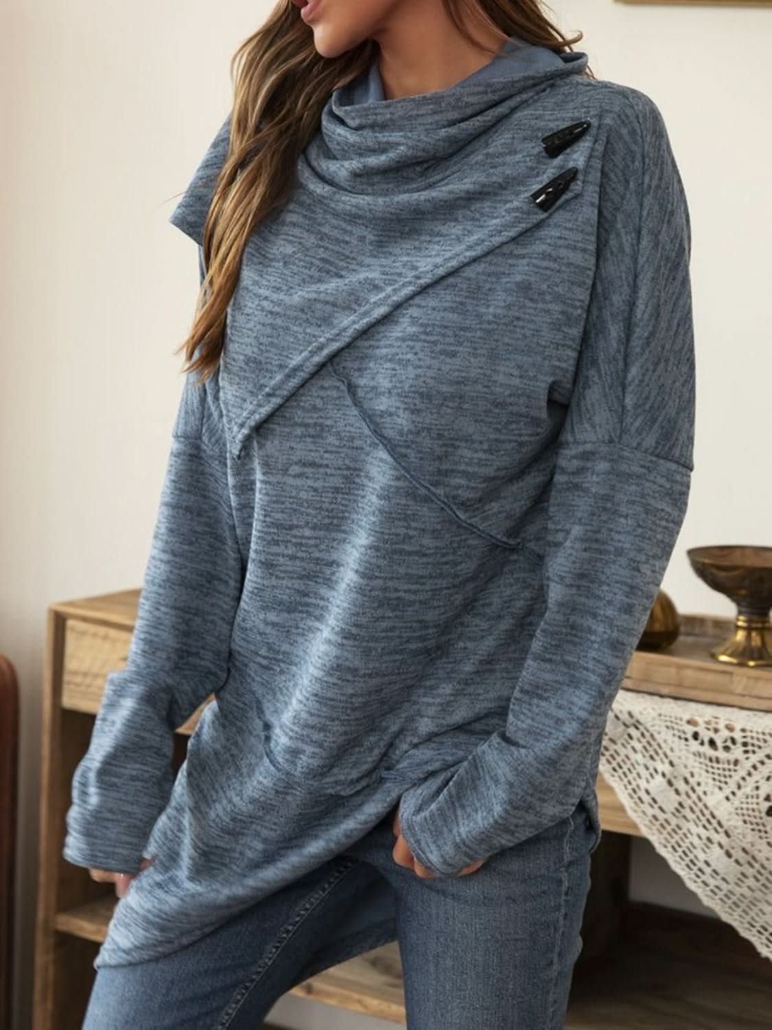 Asymmetrical hem cowl neck tee