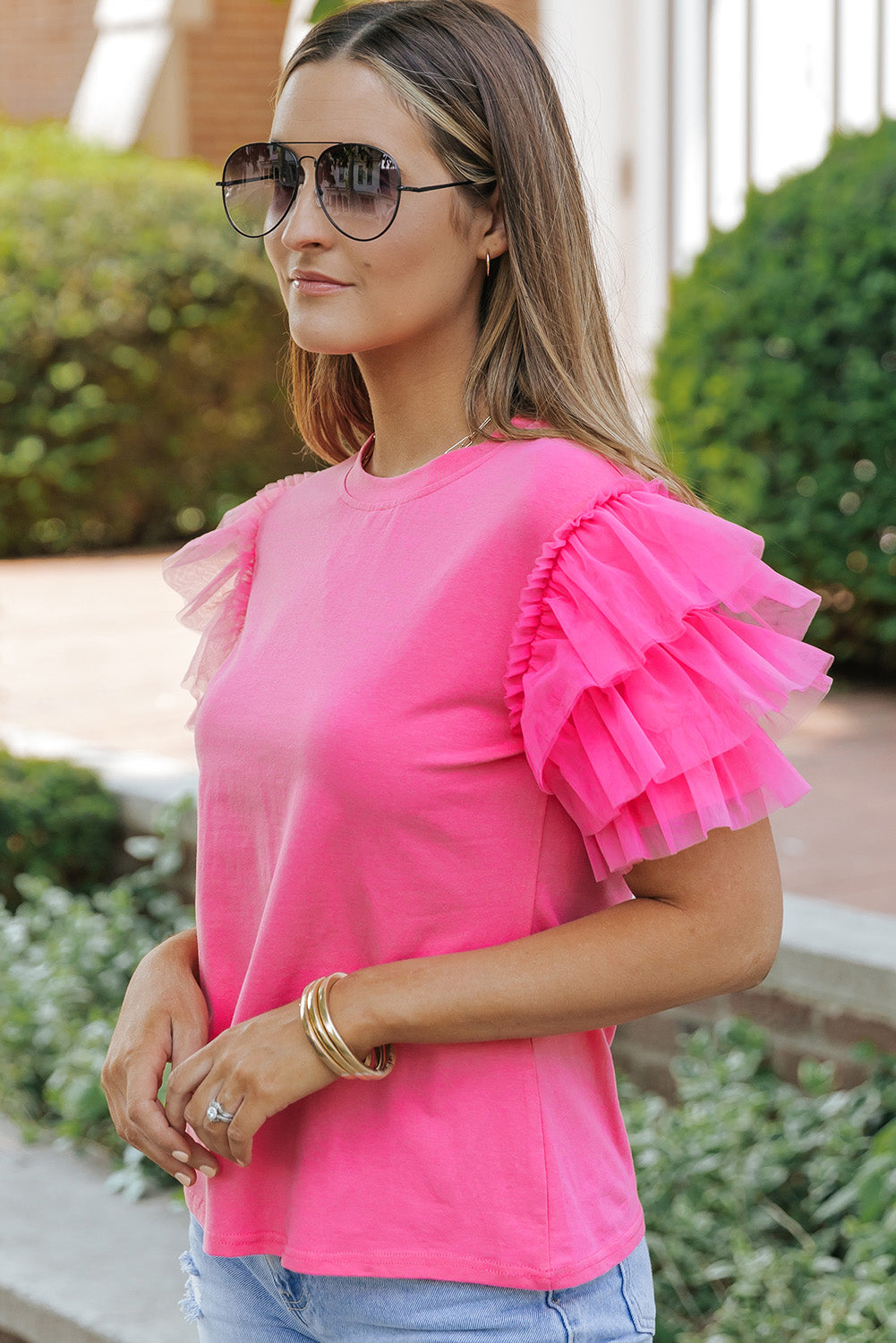 Pink Plain Round Neck Tulle Ruffle Sleeve Blouse Divine Design4U