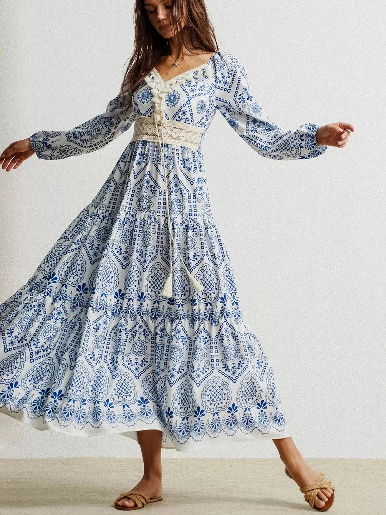 Bohemian Print Midi Dress with Tassel Detail Simply Love