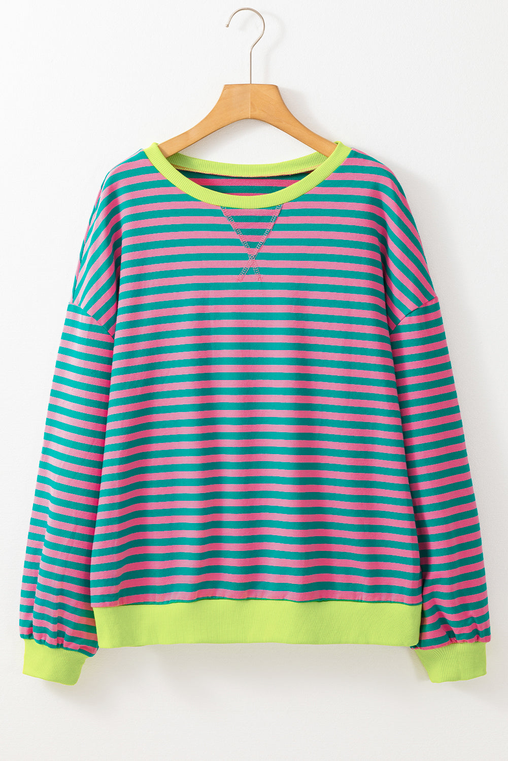 Trendy green striped oversized pullover with contrast detailing