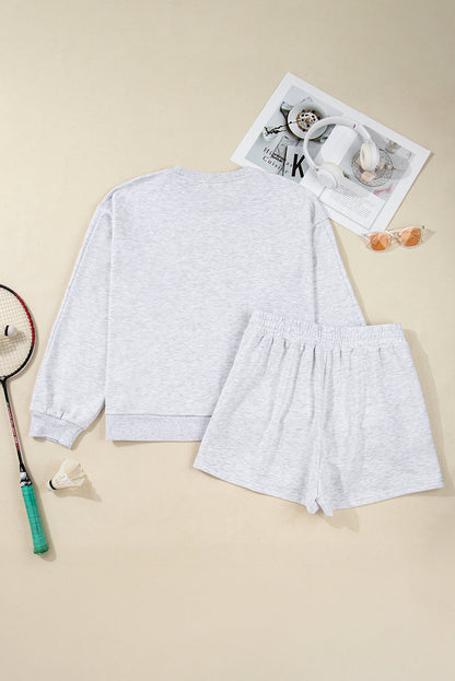 Light Grey Girly Bow Embroidered Puff Sleeve Two Piece Set