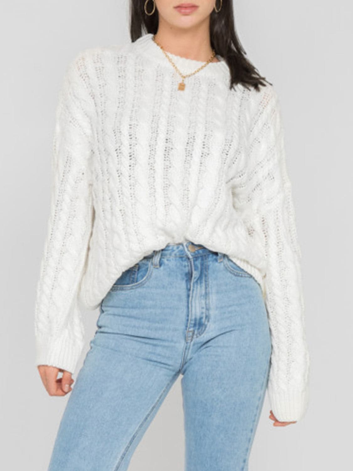 Openwork Round Sleeve Cable-Knit Sweater.