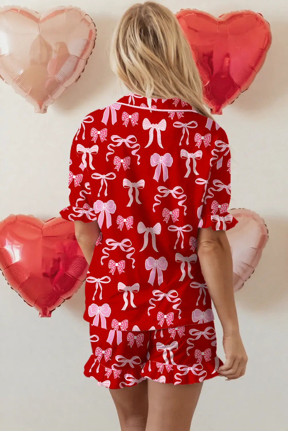 Red Sweet Bow Print Ruffled Short Sleeve Shirt Shorts Two Piece Pajama Set Dear-Lover Dropshipping