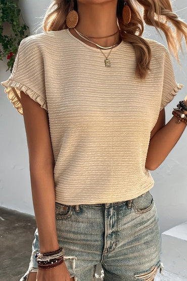 Frill Round Neck Short Sleeve Blouse.