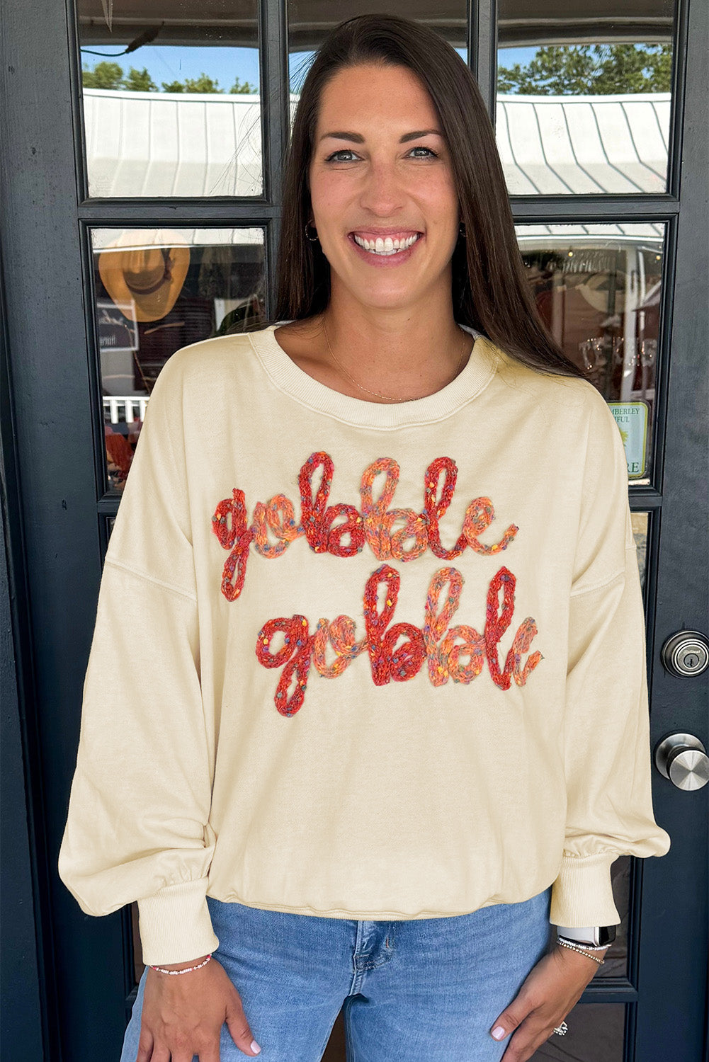 Apricot Thanksgiving Gobble Gobble Embroidered Pattern Drop Shoulder Crew Neck Sweatshirt