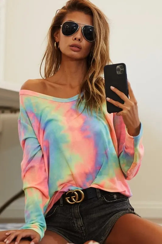 BiBi Tie Dye French Terry Long Sleeve Knit Top - Love Salve 